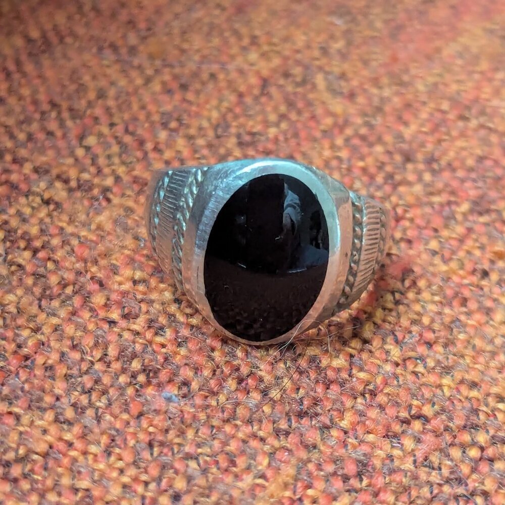 Estate Onyx Sterling‎ Silver Ring Cabochon Unisex Boho 925 Oval Chunky Vintage - Picture 3 of 9
